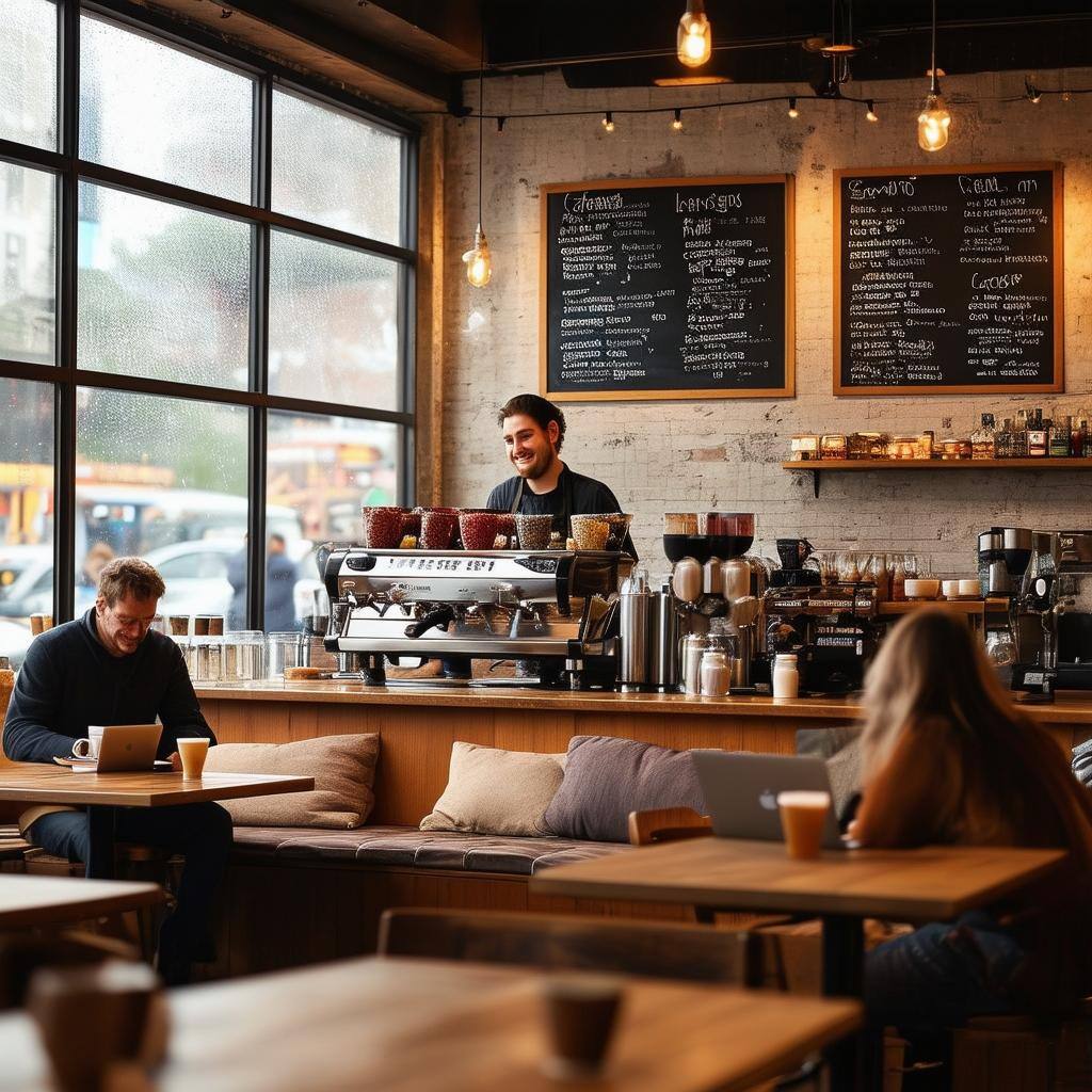 The image depicts a cozy, bustling coffee shop filled with warm, natural light streaming through large windows The image depicts a cozy, bustling coffee shop filled with warm, natural light streaming through large windows